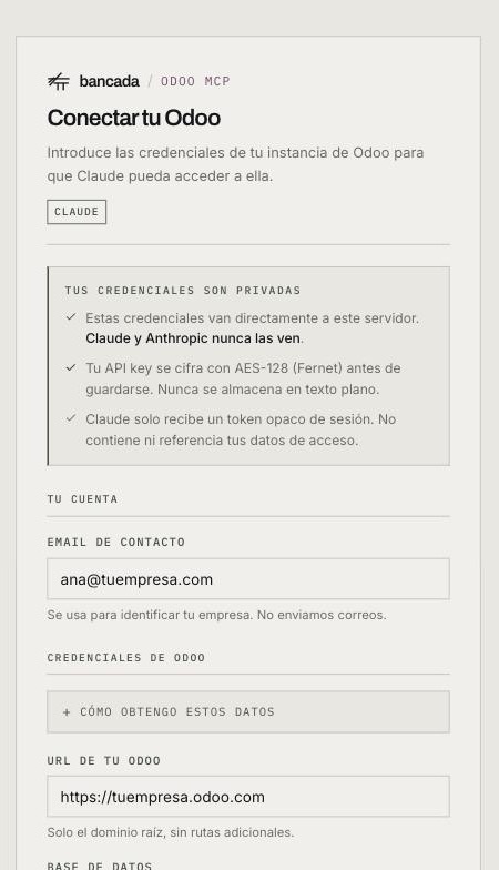 Écran d'inscription du connecteur : e-mail et identifiants Odoo