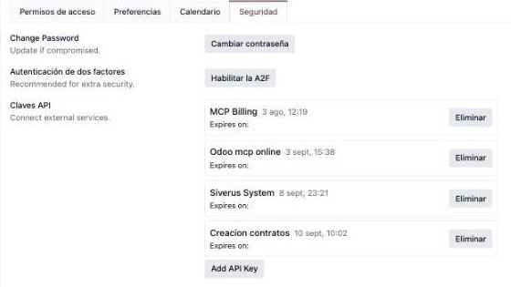 Onglet Sécurité de l'utilisateur dans Odoo, section Clés API