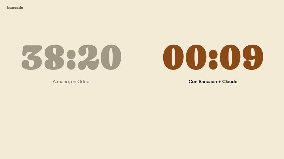 Dos relojes: 38:20 a mano en Odoo frente a 00:09 con Bancada y Claude.