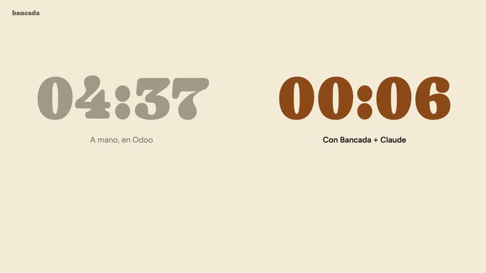 Dos relojes: 04:37 a mano en Odoo frente a 00:06 con Bancada y Claude.